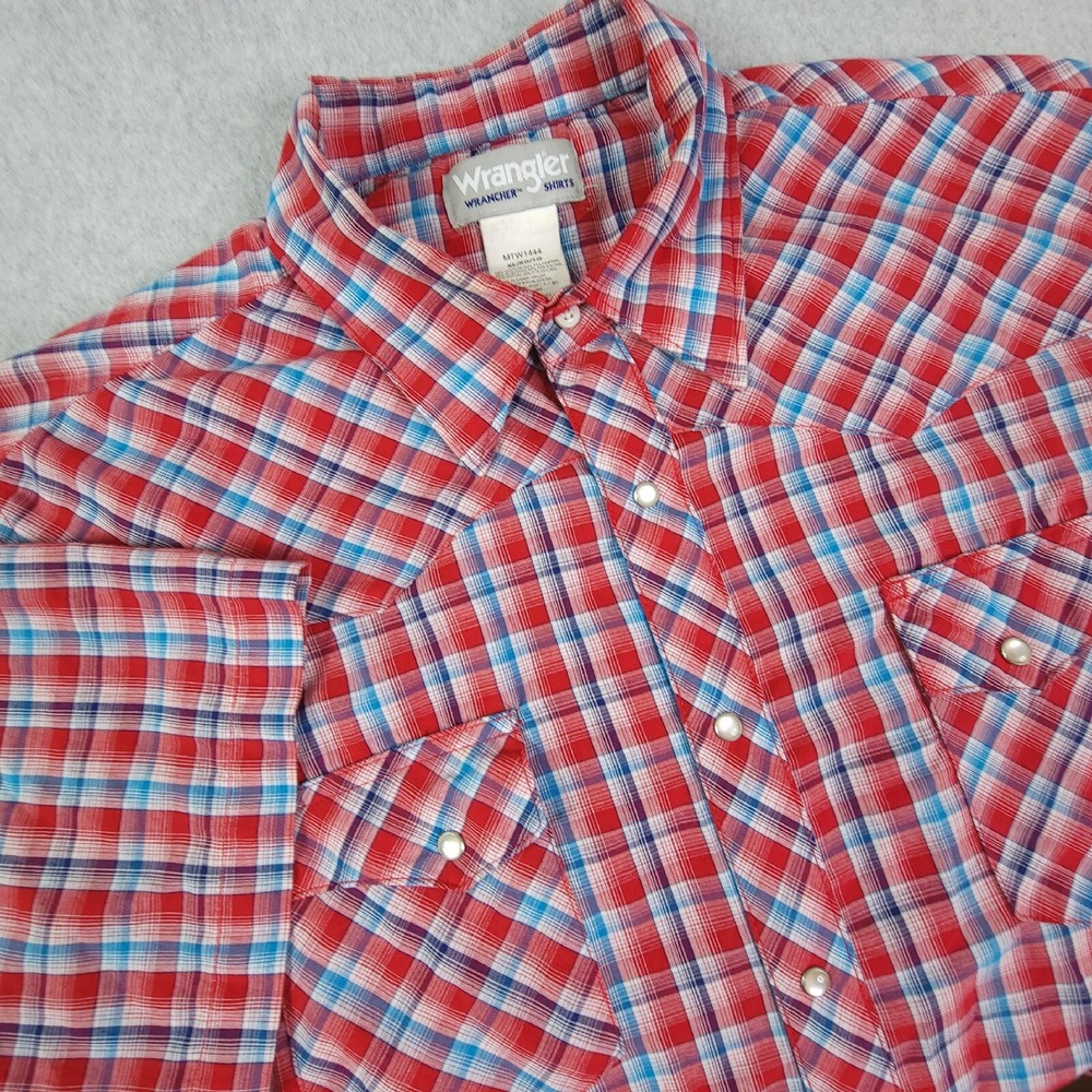 Wrangler Wrancher Shirt Mens 2XL Red Plaid Short Sleeve Pearl Snap Western‎